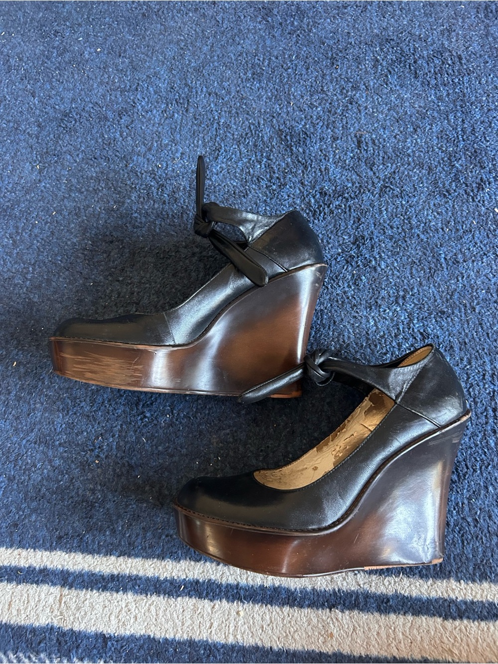 Jessica Simpson Black Leather Wedge Mary Jane with Brown Wooden-Look Platform